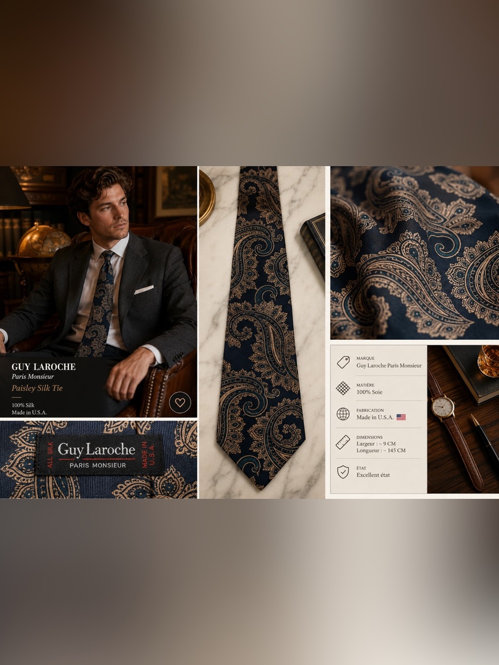 Guy Laroche Paris Monsieur - Navy and Gold Paisley Silk Tie